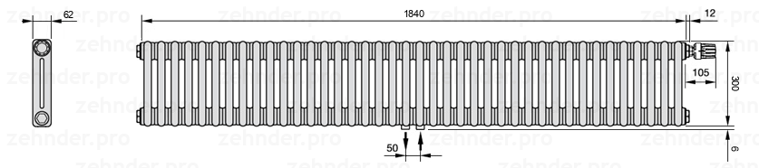 Схема (чертеж) Радиатор Zehnder Charleston 2030/40 №V008 Белый глянцевый RAL 9016